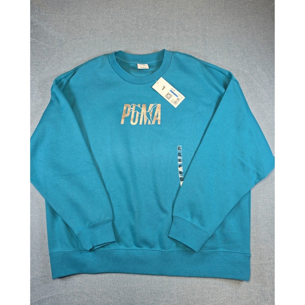 Puma Womens ESS Shine Crew Sweatshirt Tropical Blue Gold Logo XL, NWT